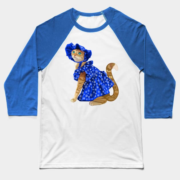 Ginger Cat in Snowflake Winter Dress Baseball T-Shirt by Art by Deborah Camp